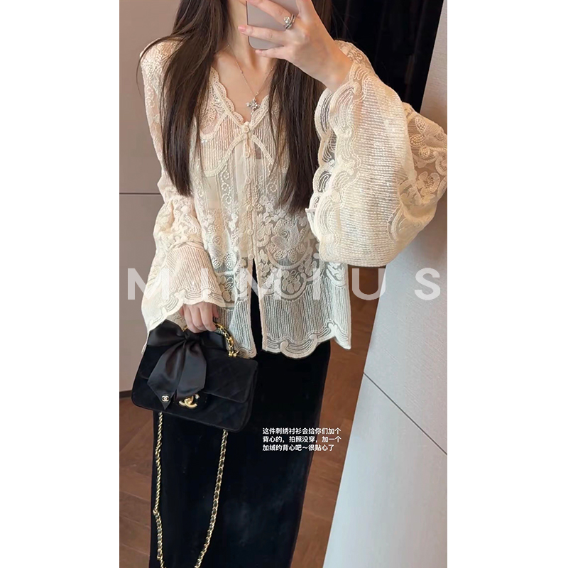 【mimius】P 清风皎月超重工刺绣V领长袖上衣（含吊带） G09281