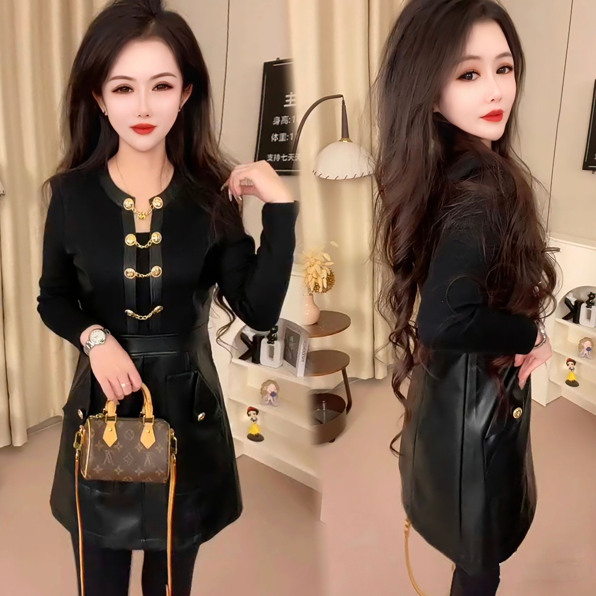 欧美风2025冬季新款显瘦百搭连衣裙女裙子时尚长袖拼接皮裙设计感