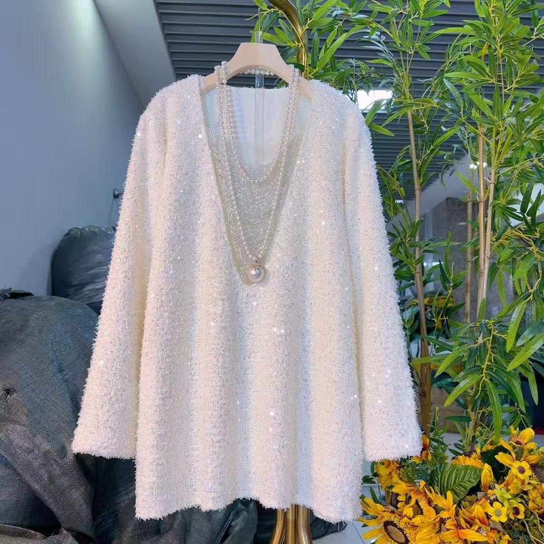 潮流时尚亮片串珠中长款T恤秋冬洋气减龄美衣微胖女装新款25205