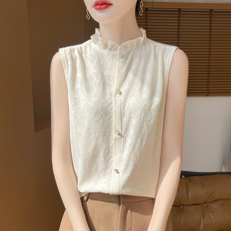 春夏新款花边领无袖针织背心女立领叠穿内搭木耳边衬衫针织打底衫