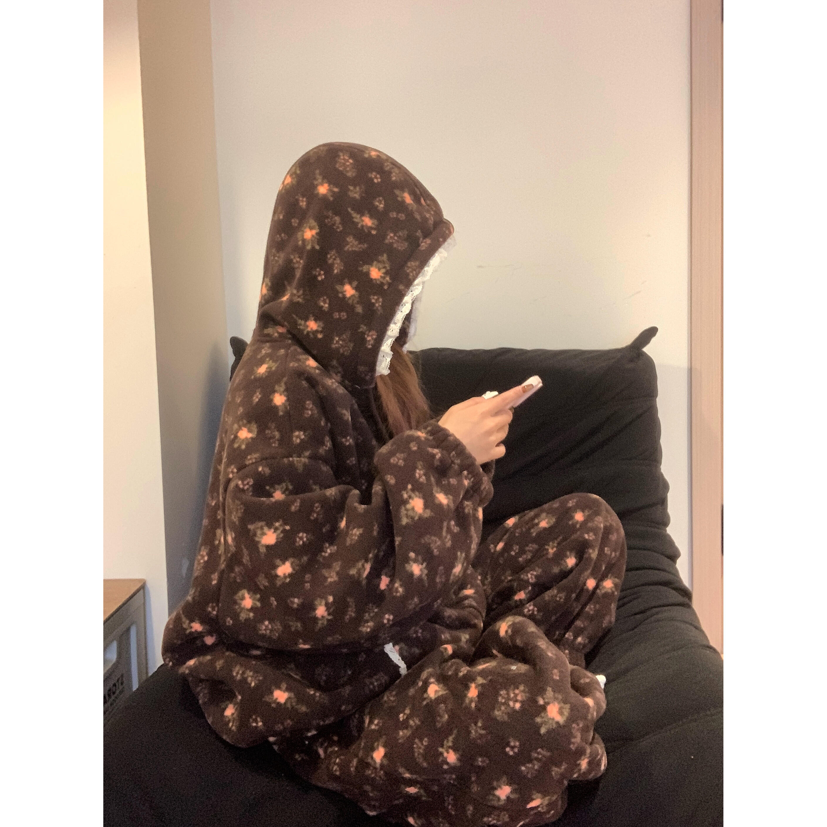 冬季新款珊瑚绒花边开衫连帽外套保暖睡衣女加厚毛茸茸居家服套装