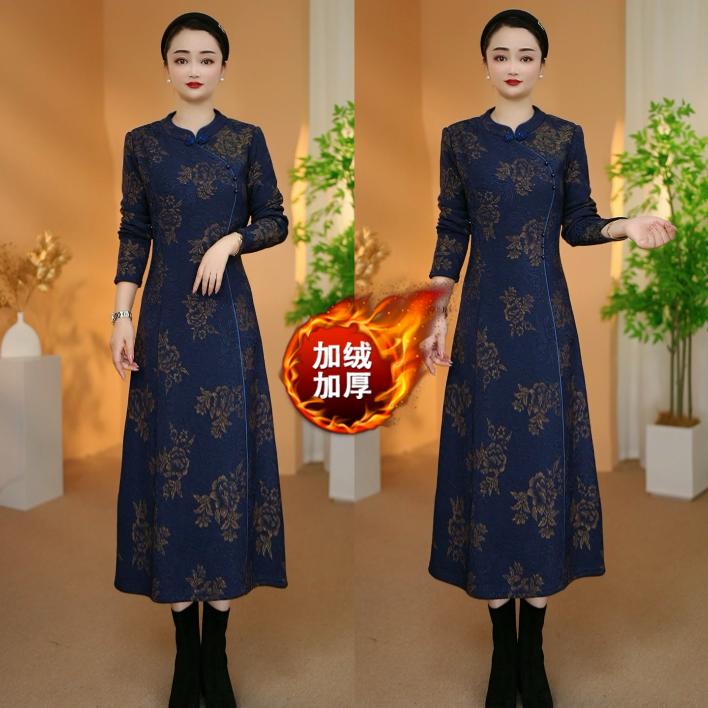 【衣雅严选】8088-2546#加绒加厚名媛风提花刺绣保暖新中式连衣裙