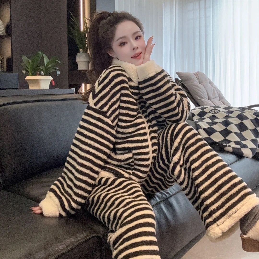 珊瑚绒睡衣女加绒加厚黑白条纹立领秋冬季慵懒风家居服套装可外穿