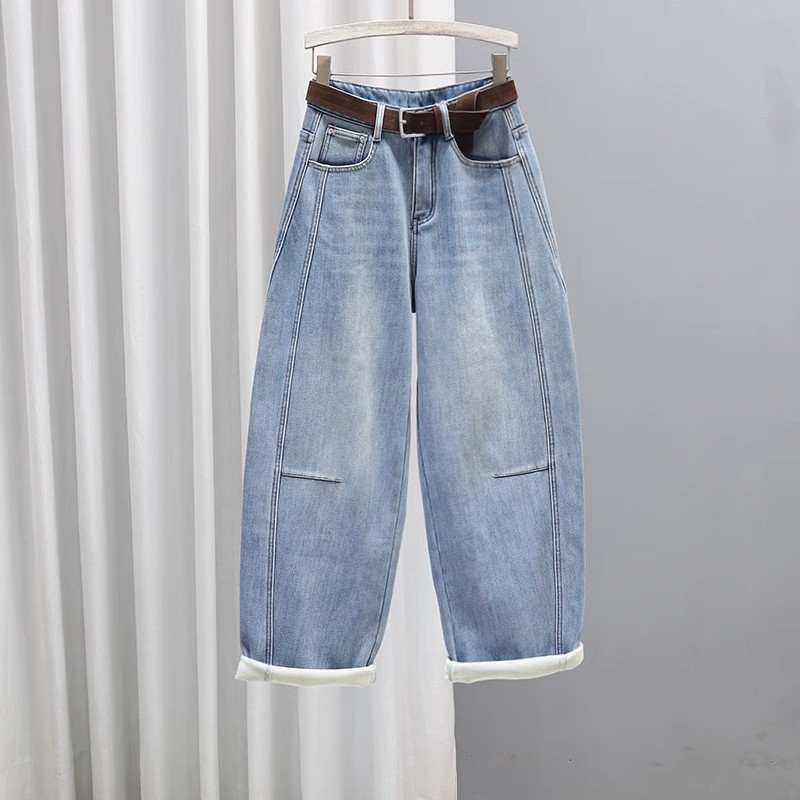 2025冬季加绒加厚牛仔裤女浅蓝色宽松显瘦哈伦裤潮时尚百搭老爹裤