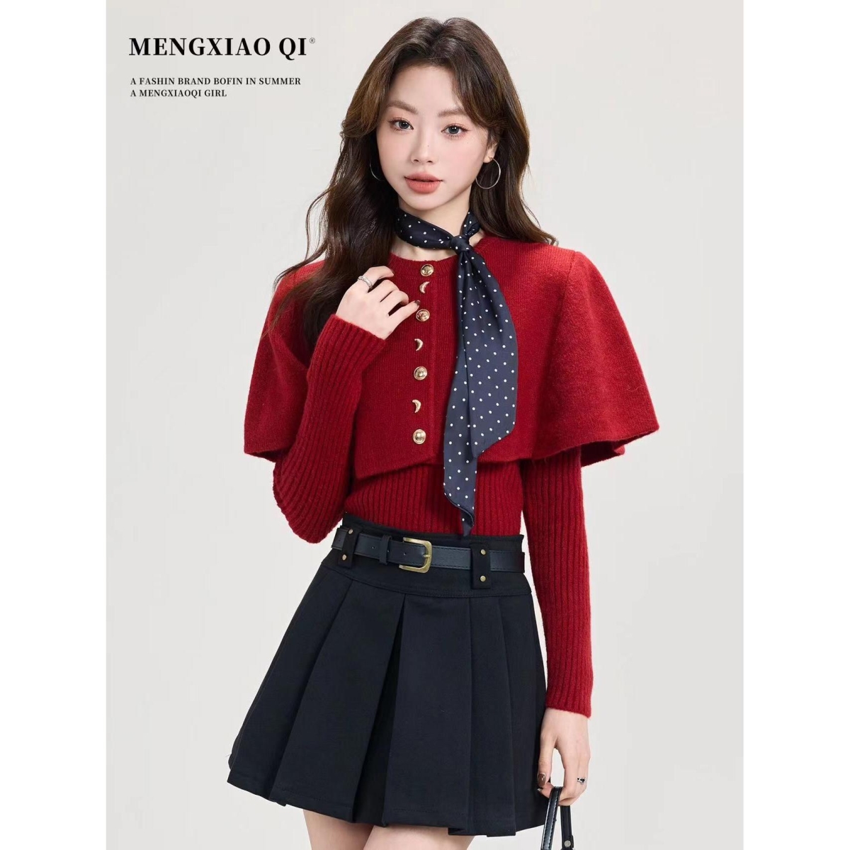 法式复古波点飘带圆领斗篷披肩针织衫软糯保暖毛衣两件套装女冬季