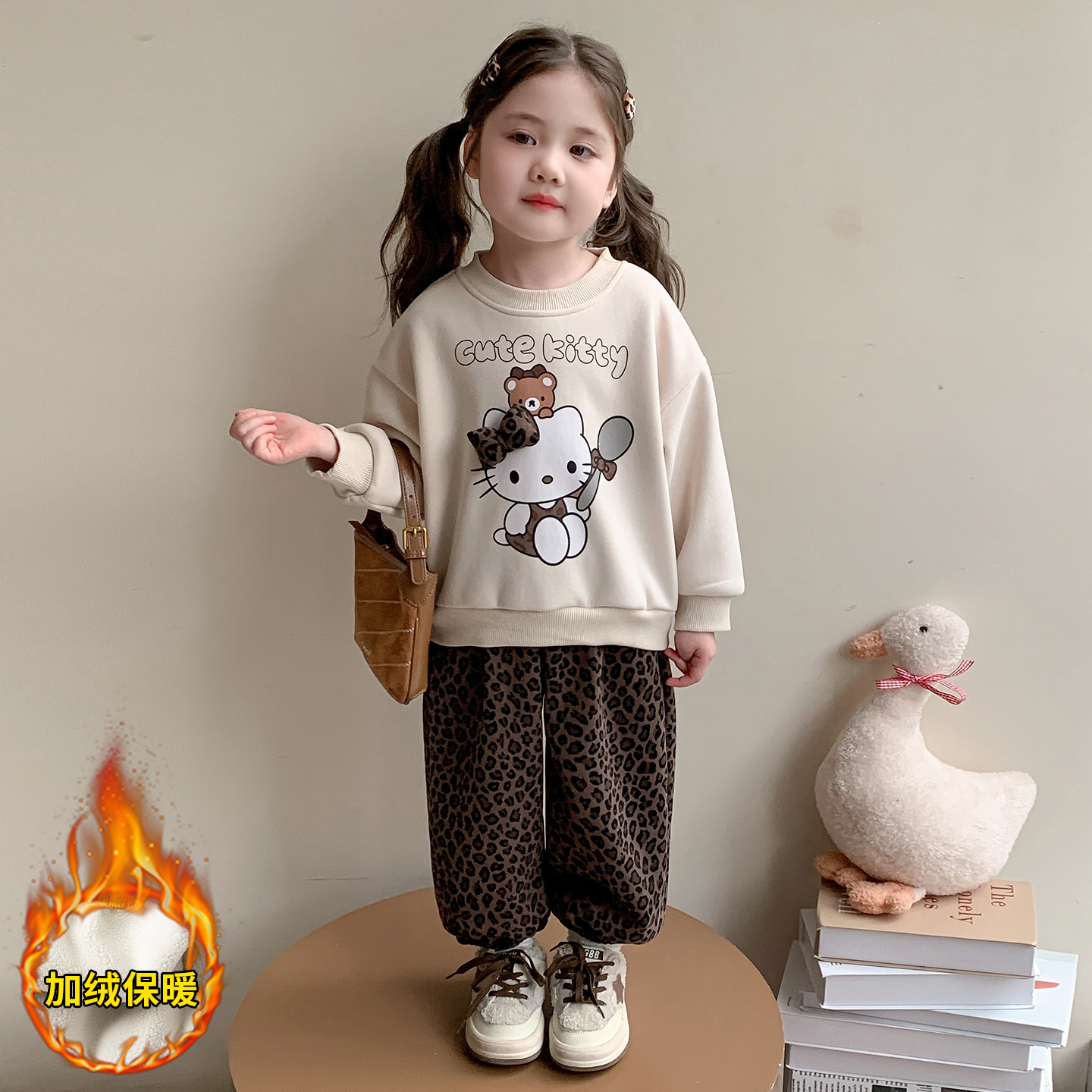 女童加绒卡通卫衣套装儿童秋冬装洋气加厚女宝宝豹纹裤韩版两件套