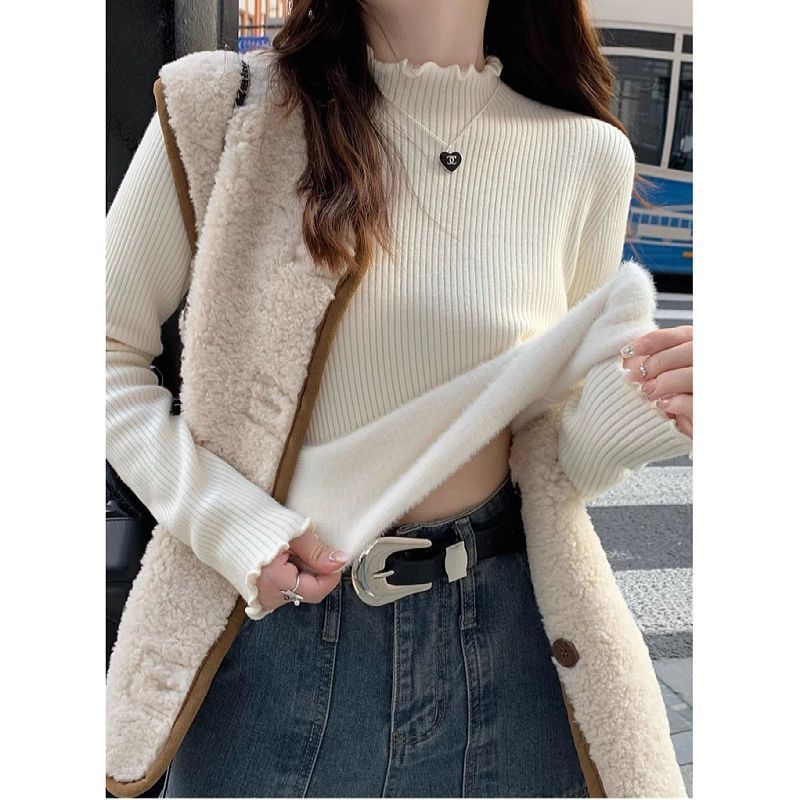 半高领加绒加厚针织打底衫女秋冬高级感内搭木耳边一体绒白色毛衣