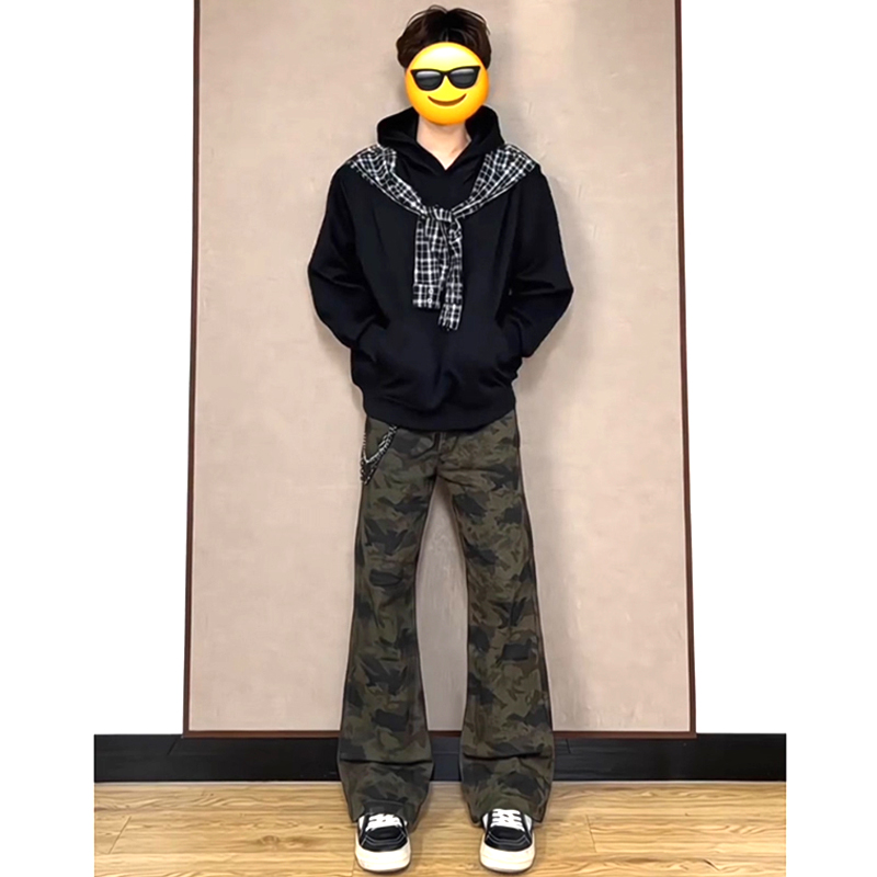 美式复古vibe迷彩牛仔裤男款春秋季高街cleanfit裤子宽松直筒长裤