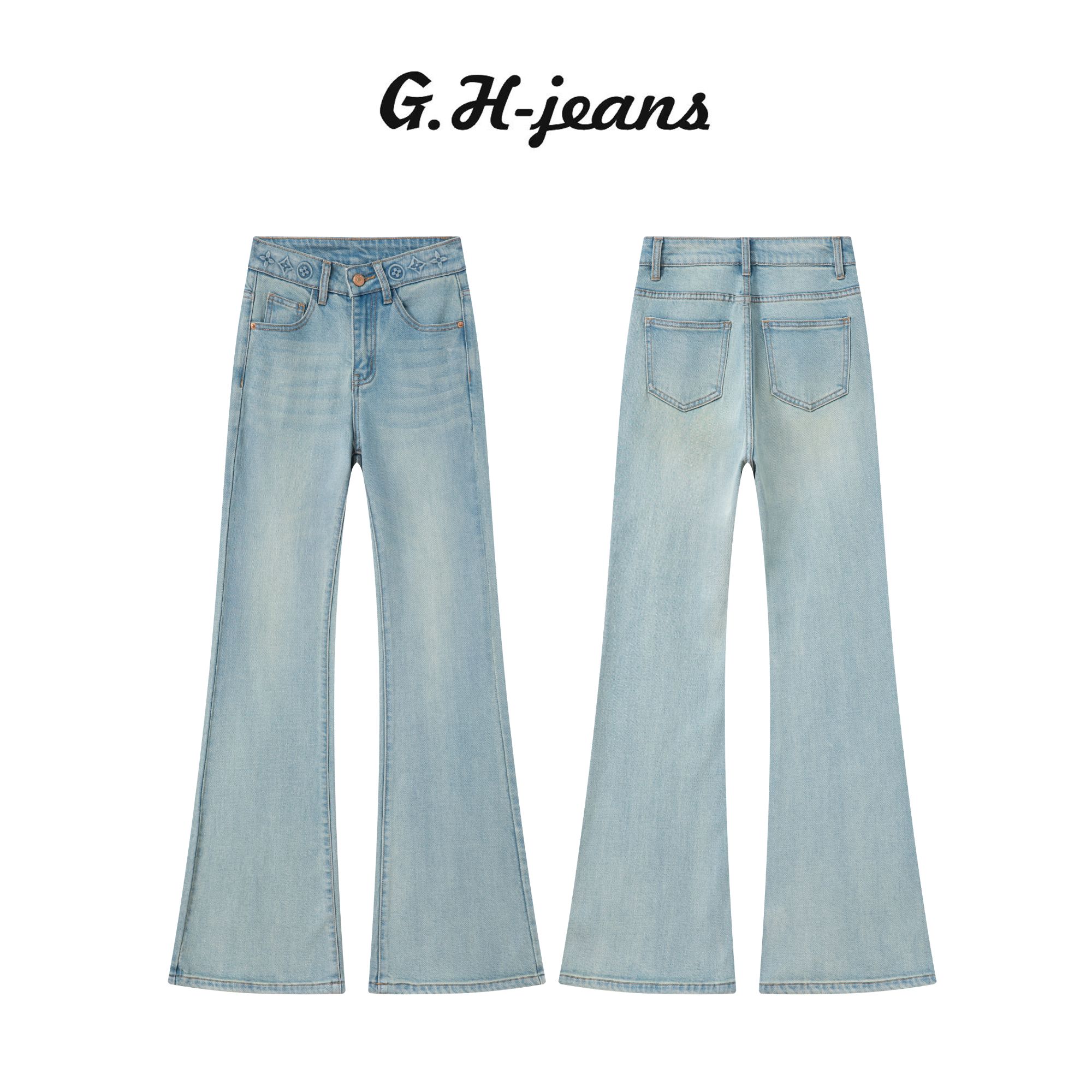 秋季新款维冰蓝爆款3D大牌立体压烫工艺弹力修身中高腰微喇牛仔裤