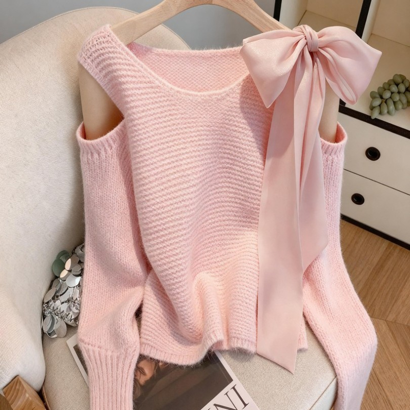 法式系带蝴蝶结温柔风毛针织衫女2025秋冬季新款甜美减龄露肩毛衣