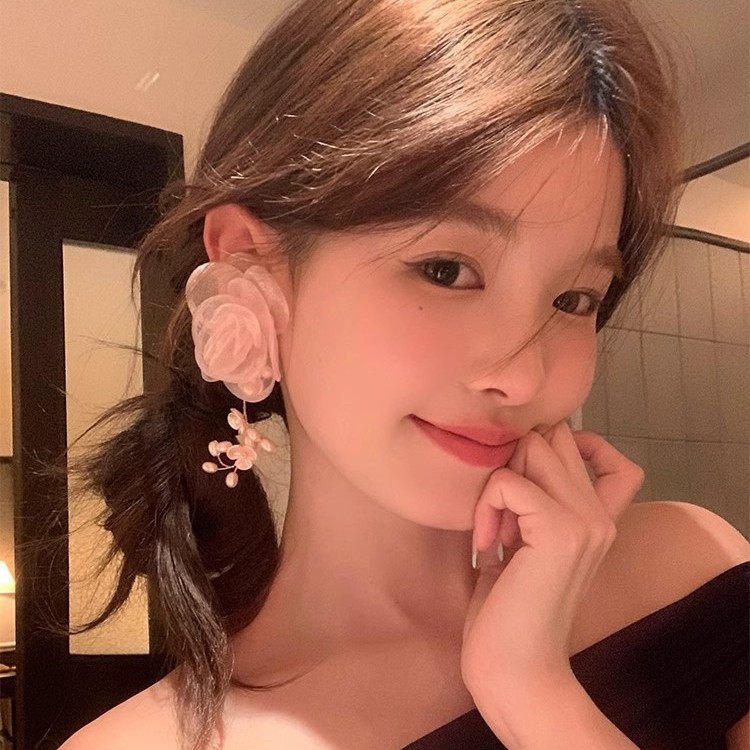 合金布艺耳饰 甜美编织蕾丝花朵仿珠流苏银针耳环气质百搭超仙女