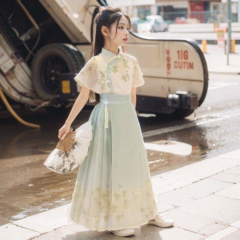 藏】马面裙女童新款夏装女孩中国风古装明制唐装儿童汉服套装夏款