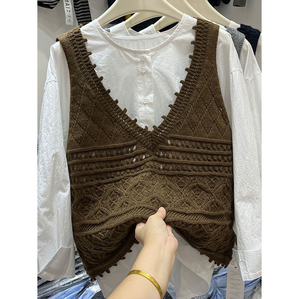 2025早秋新款韩版宽松休闲时尚百搭显瘦针织马甲背心衬衫两件套潮