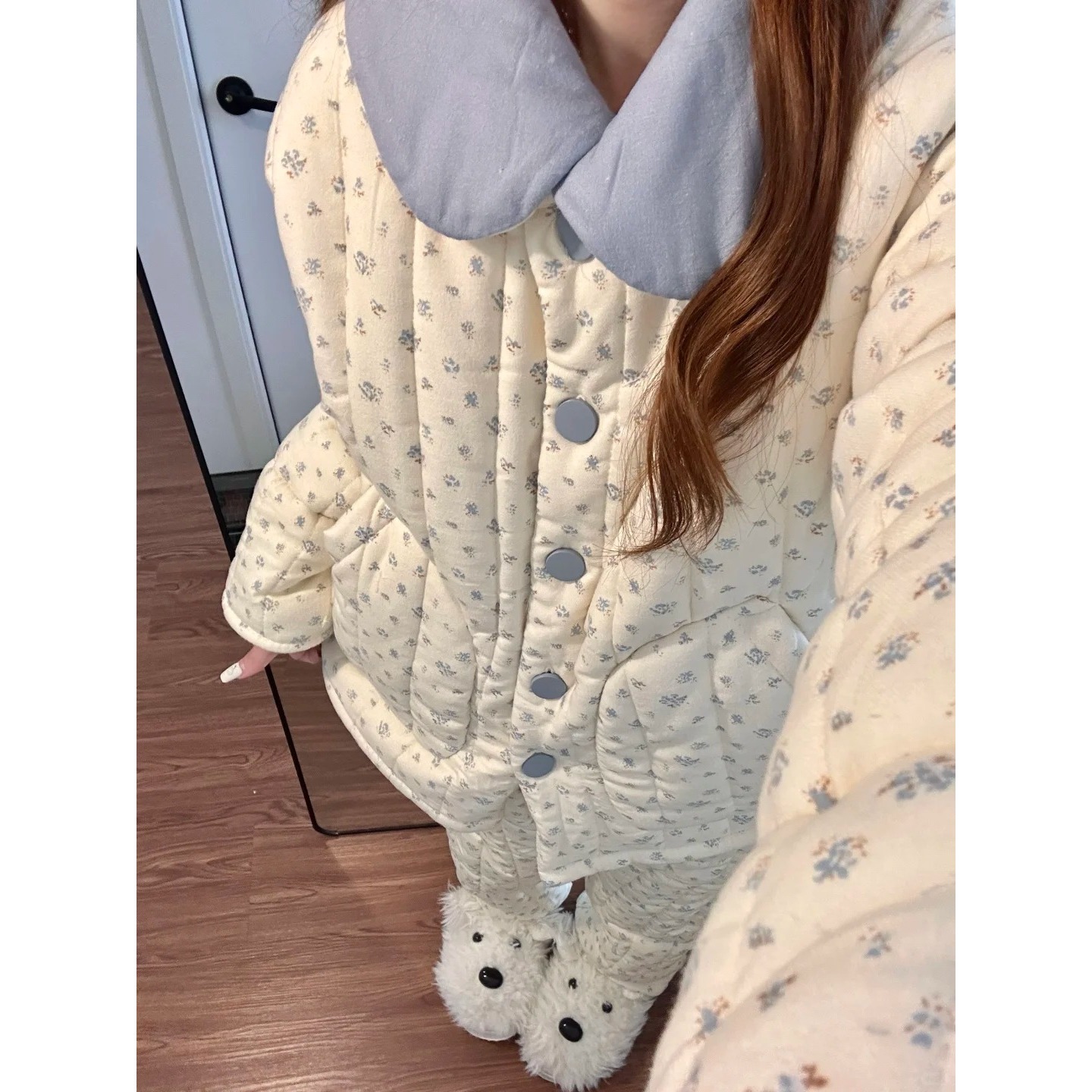 法式温柔少女碎花三层夹棉睡衣女新款棉服加厚家居服套装可外穿