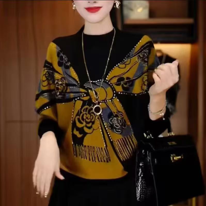 【无烫钻】德绒时尚百搭打底衫气质宽松减龄长袖女士休闲小衫秋冬款