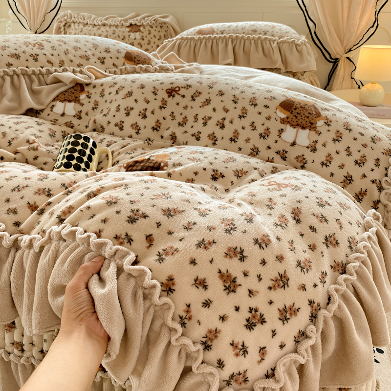 公主风牛奶绒被套四件套床盖款冬季加厚保暖珊瑚绒床单被套三件套