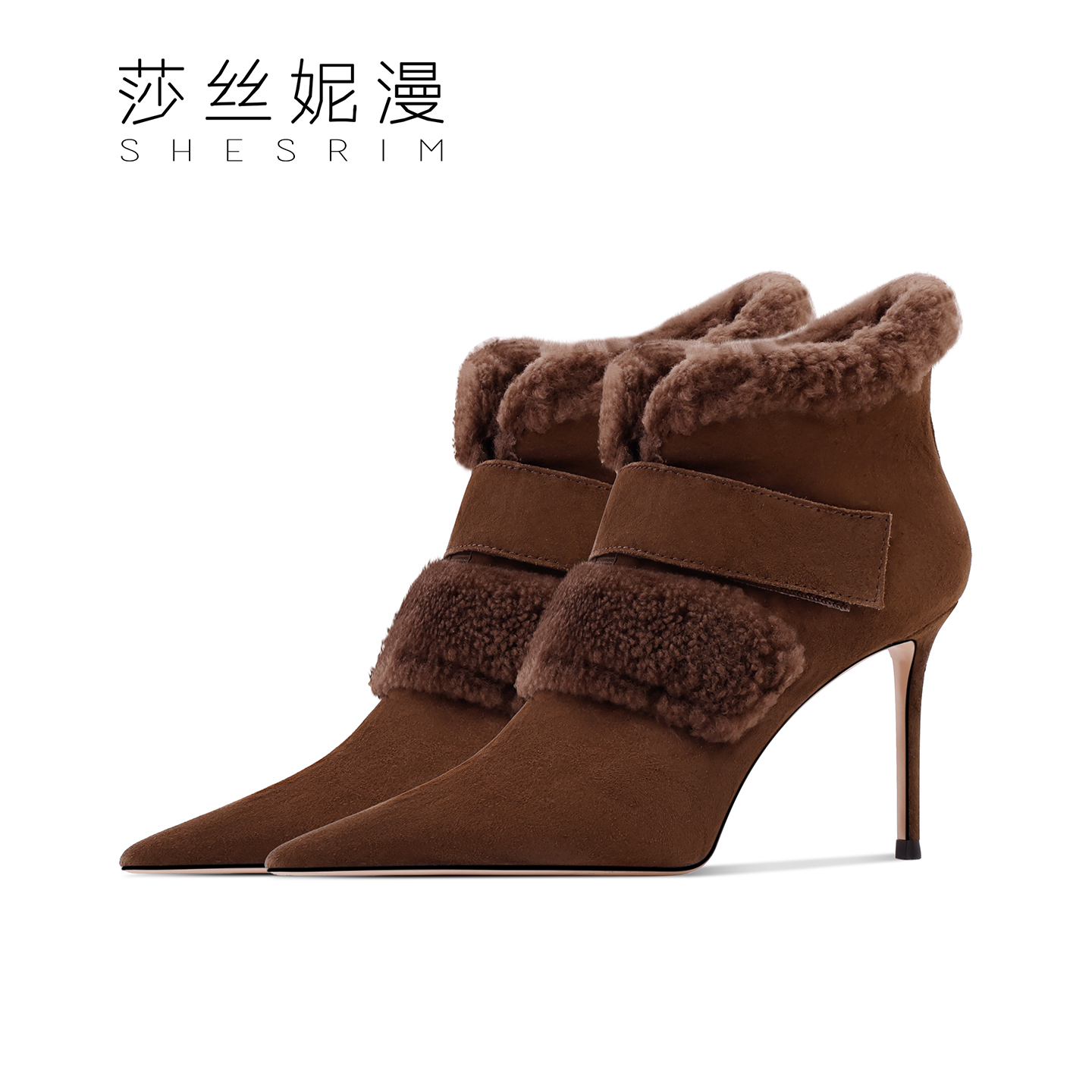 「8.5CM」绒里冬季尖头细高跟时装女士高跟短靴上新黑色气质绒里靴