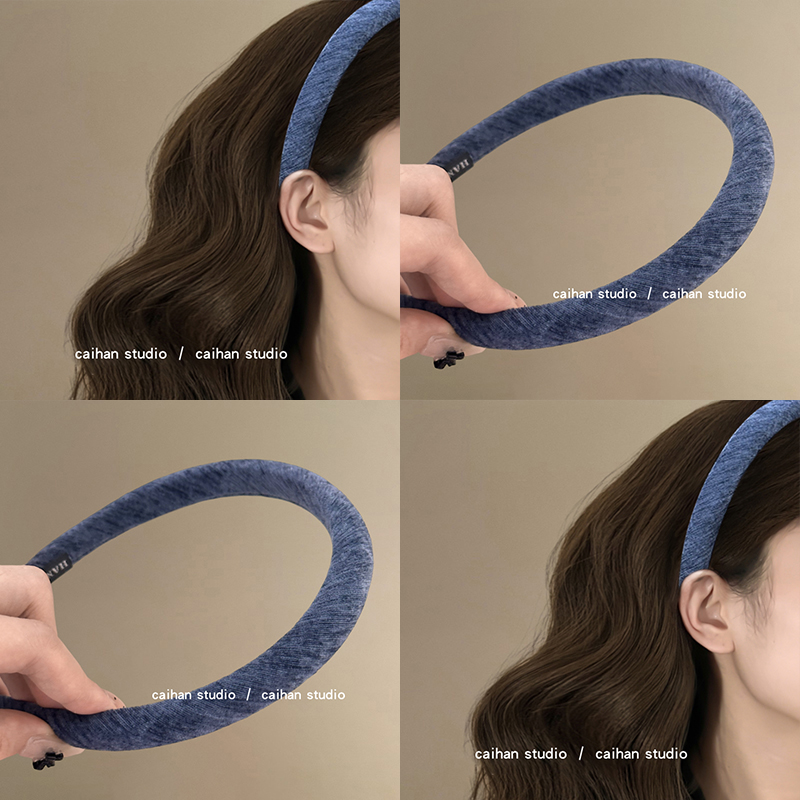 静夜蓝~丝绒窄版细发箍女2024新款秋冬海绵压发头箍高颅顶盘发器