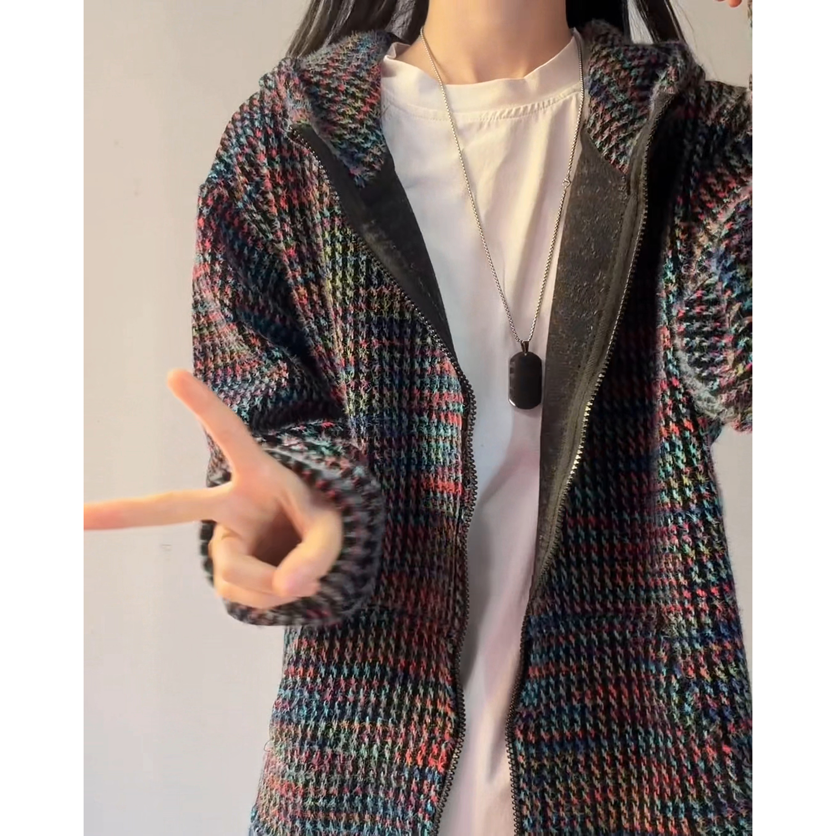 小香风彩色格子开衫卫衣男款冬季美式复古慵懒风高级感连帽衫外套