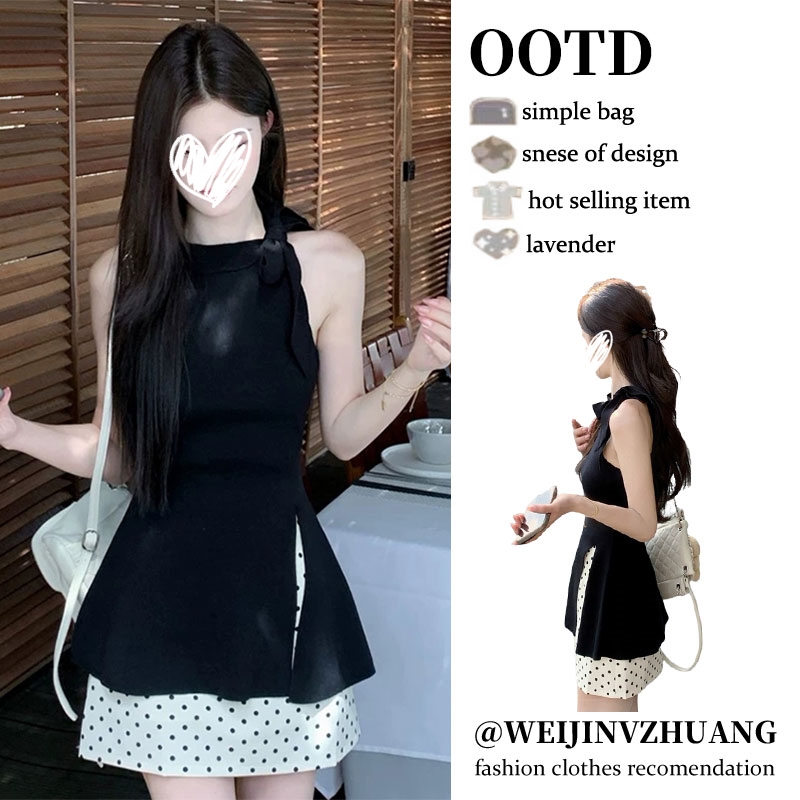 YIDENG法式挂脖蝴蝶结开叉背心女2025夏季新款设计感小众修身显瘦