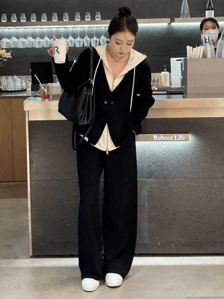 大码300斤假两件连帽卫衣两件套女秋冬款胖mm高腰直筒裤休闲套装2