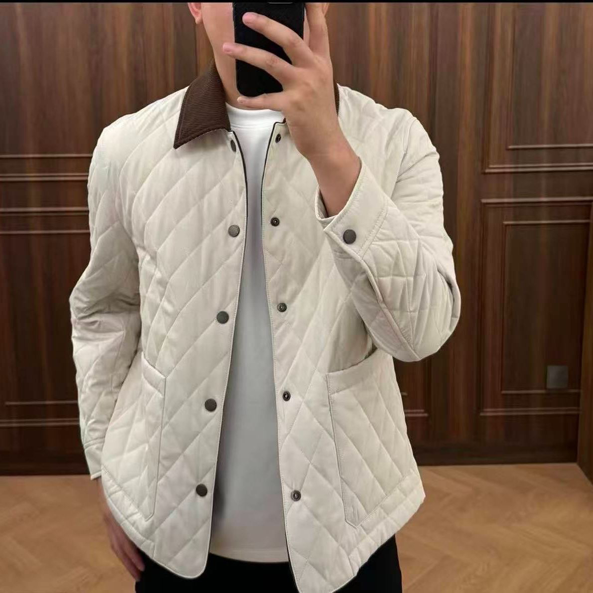 25秋冬新款高品质轻薄帅气翻领潮流男装菱形时尚棉衣修身高档商务