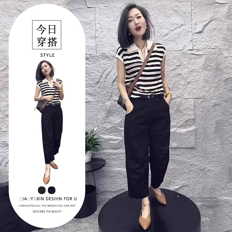 夏装女2025年新款小个子显瘦遮肉轻奢高级感条纹短袖裤子两件套装
