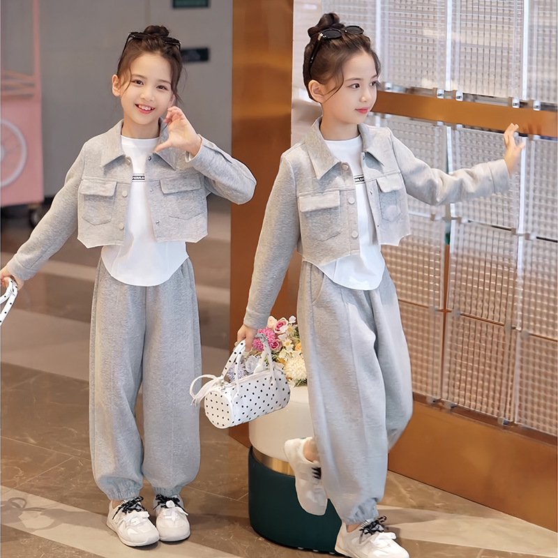 女童三件套2025秋季新款时尚休闲短款卫衣韩版运动打底衫裤子套装