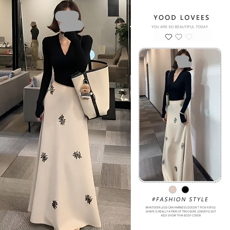 2026春秋新款V领长袖衬衫收腰休闲简约上衣女烫钻半身裙两件套潮