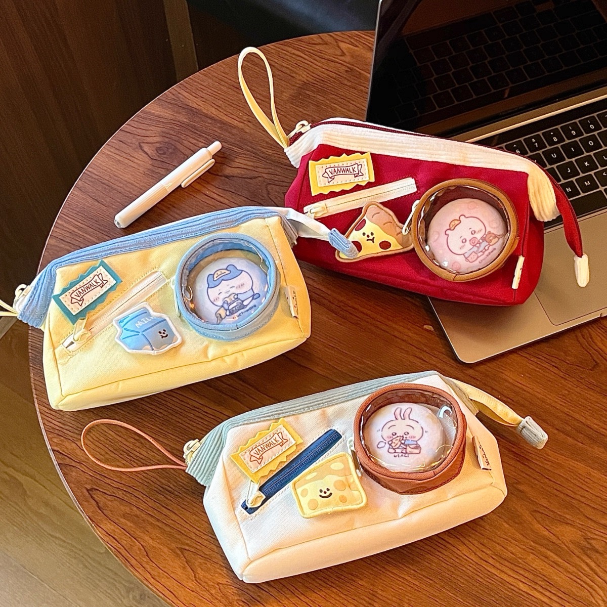 可爱撞色拼接笔袋高颜值ins风大容量女生痛包文具盒食物铅笔盒孩