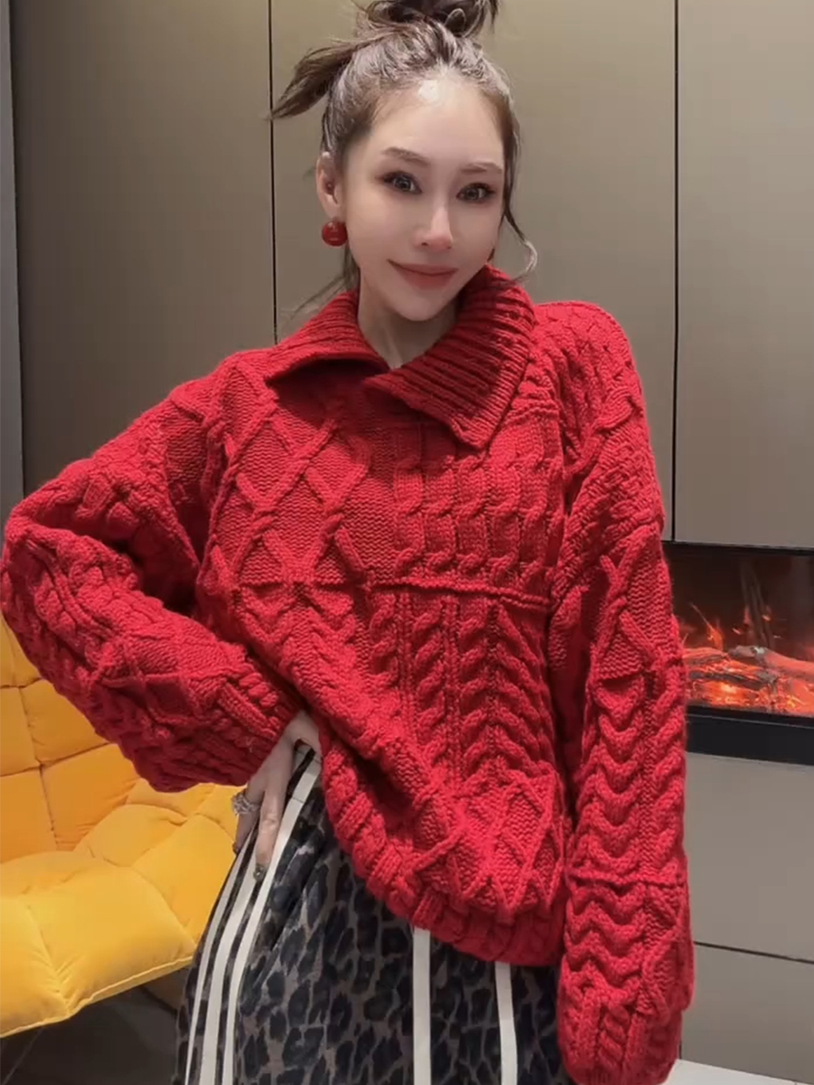 2025漂亮时髦毛衣秋冬女装洋气时髦气质慵懒宽松针织衫红色上衣服