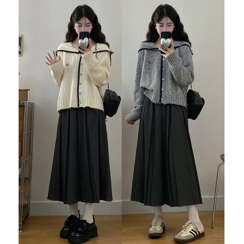 大码胖mm女秋冬学院风减龄海军领毛衣外套+百褶半身裙两件套装潮