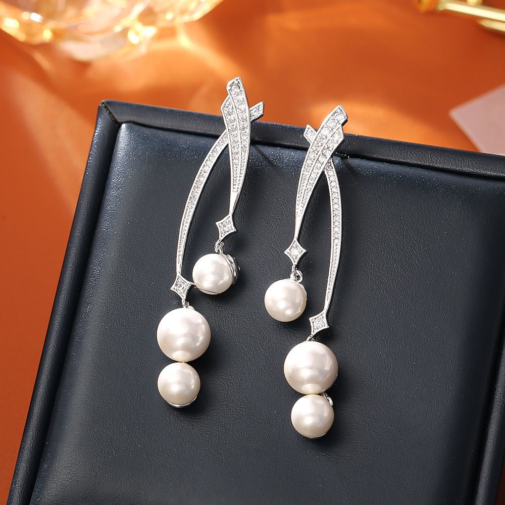 不锈钢锆石吊坠 高级感微镶珍珠长款耳钉轻奢时尚小众设计优雅气