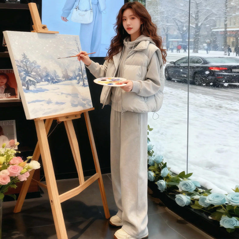 【时光之语】网红洋气套装女秋冬季新款棉服马夹连帽卫衣卫裤三件套