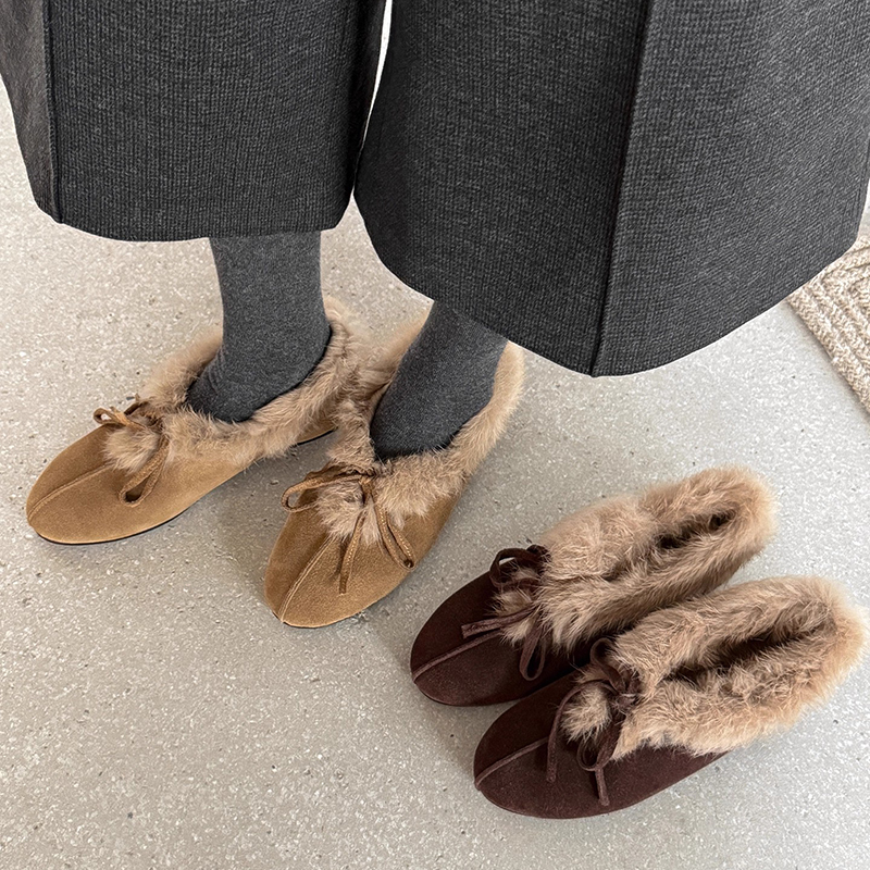 圆头加绒毛毛鞋女2025平底蝴蝶结保暖一脚蹬毛绒女鞋单鞋棉鞋女