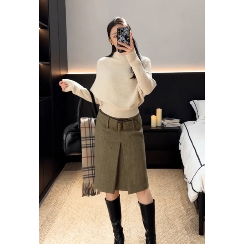 parkyeon韩系高级感气质收腰长袖针织衫女秋冬宽松显瘦半身裙套装
