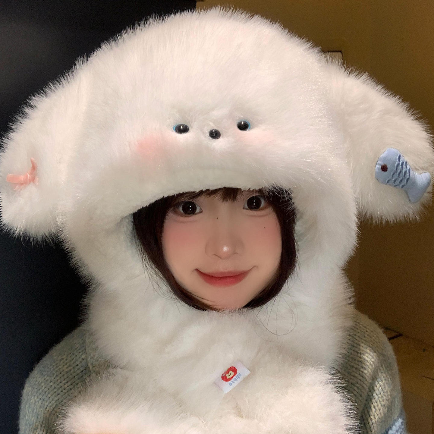 可爱小狗耳朵毛绒帽子围巾一体女冬季保暖加绒加厚防寒护耳雷锋帽