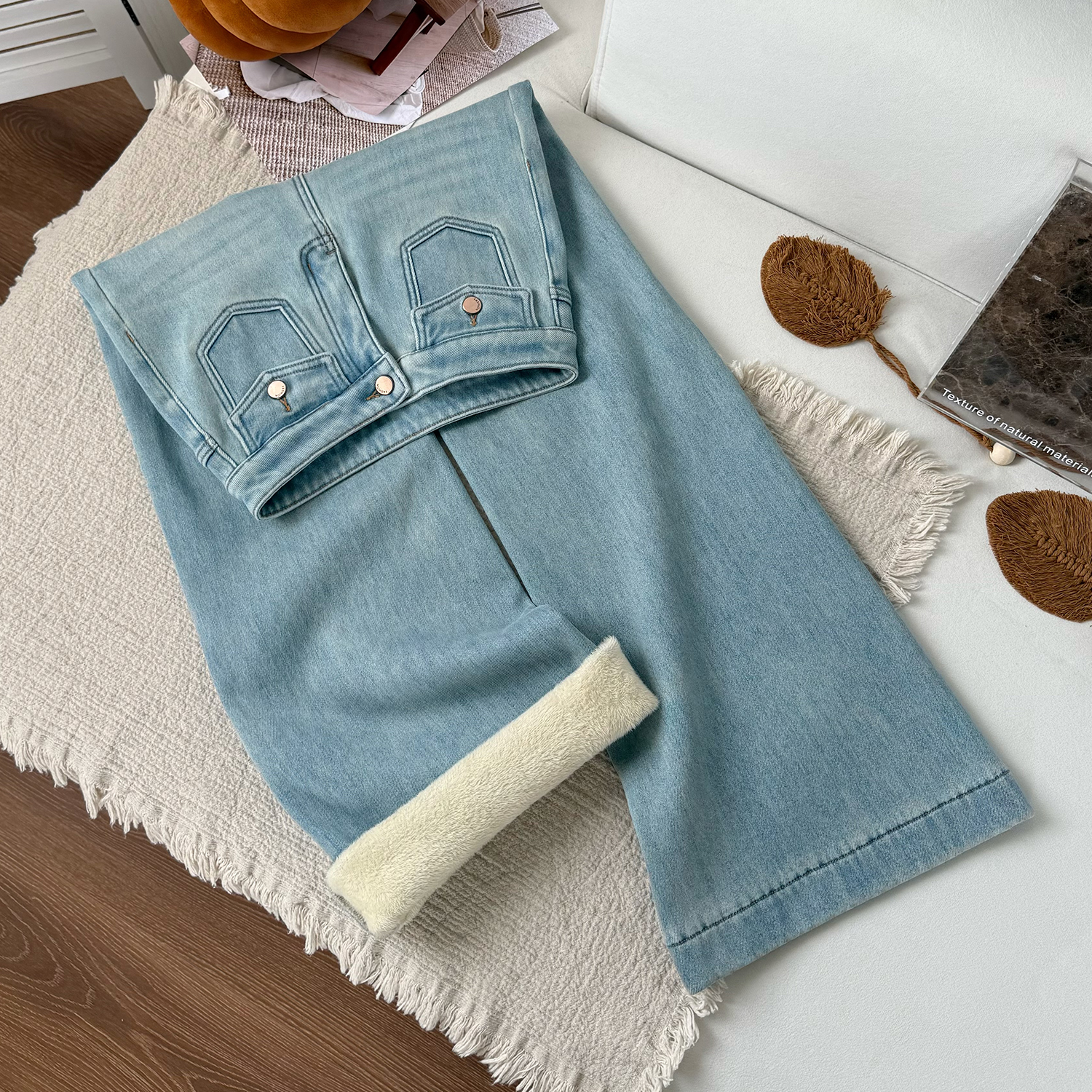 慕雪蓝弹力加绒微喇牛仔裤女2025冬季百搭新款慵懒显瘦宽松阔腿裤