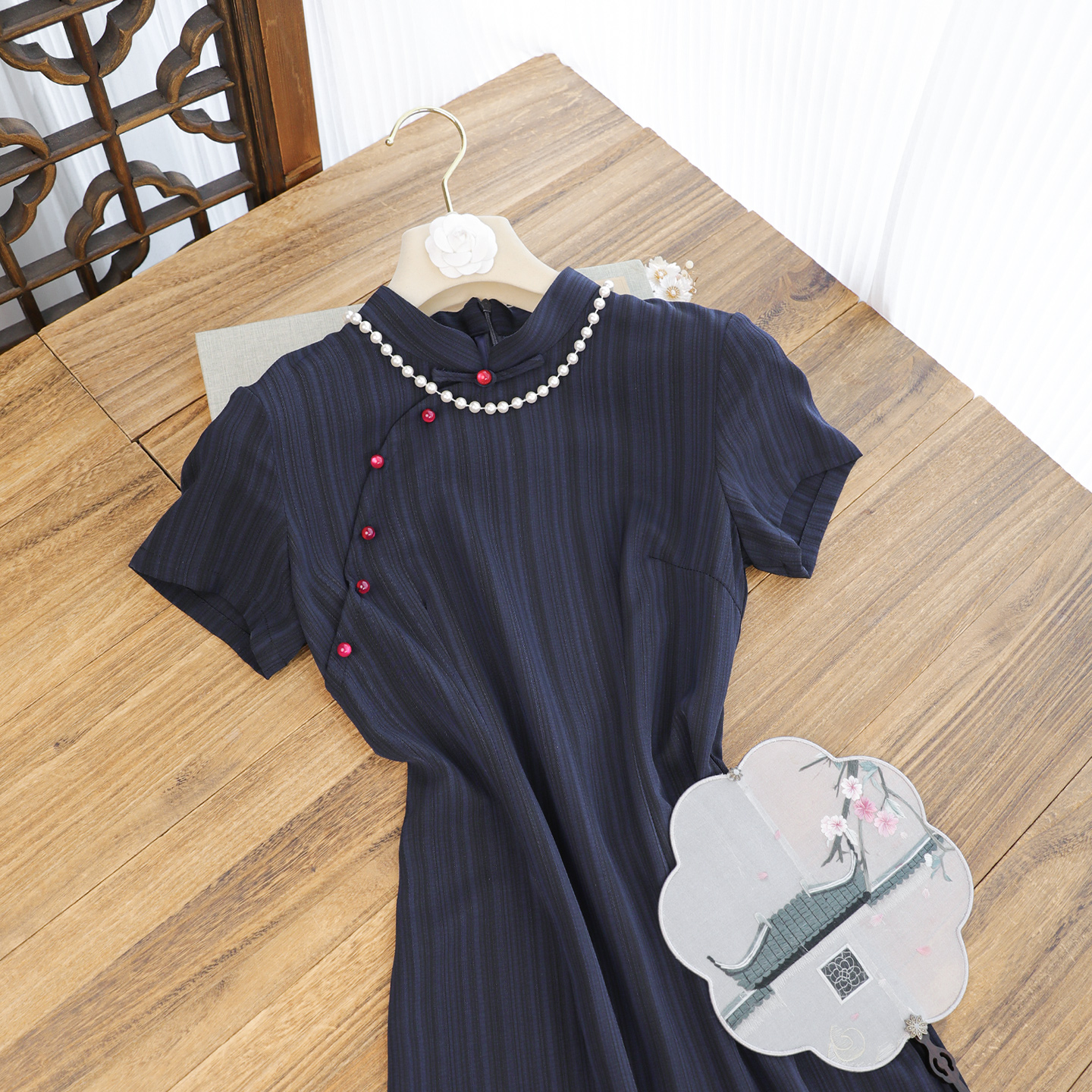 俏娘鱼复古改良新中式短袖条纹旗袍女2025新款大码年轻款日常可穿