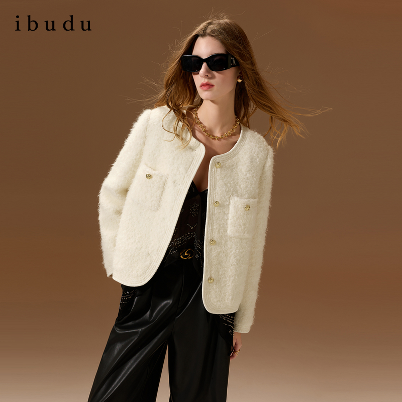 三彩ibudu2025冬季新款棉服香风夹棉圆领女