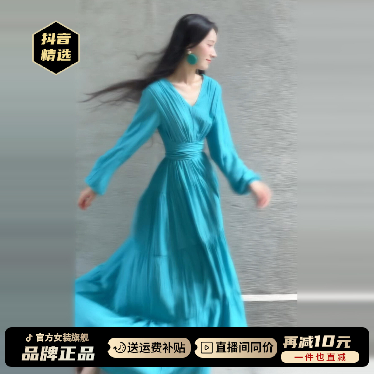 法式高级感蓝色长袖连衣裙子女秋冬季2026新款小个子绝美气质长裙