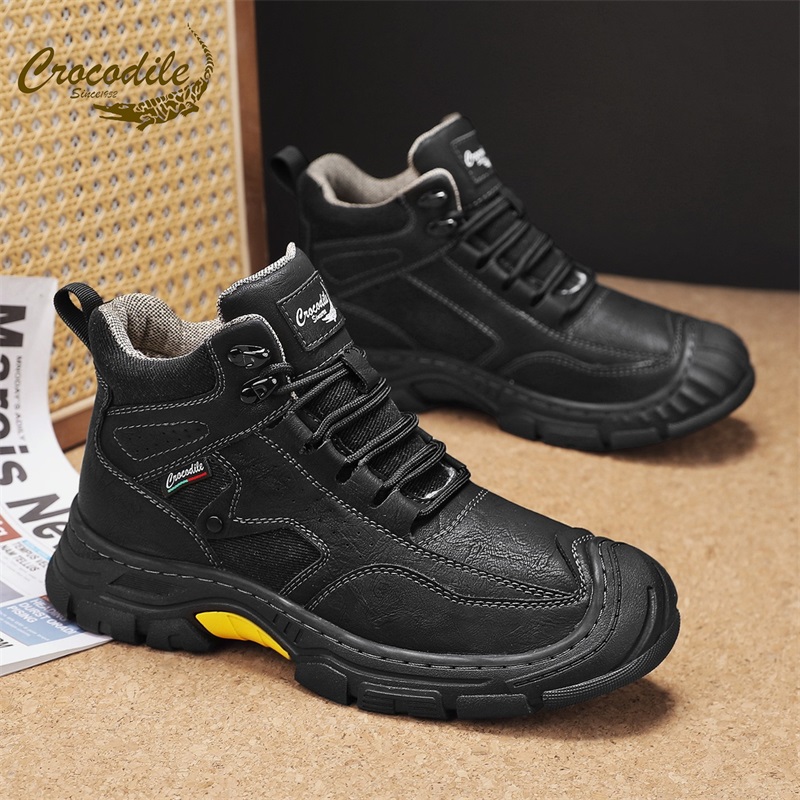 鳄鱼恤真皮耐磨工装鞋马丁靴高帮男靴秋冬潮流休闲防水男鞋男士