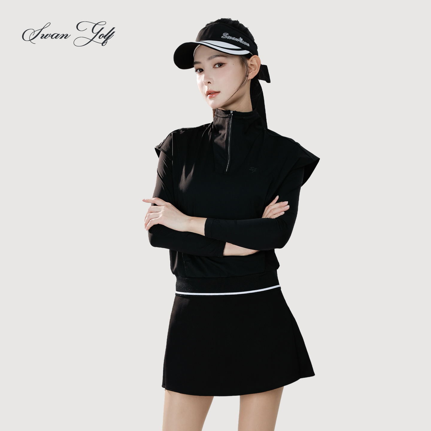 高尔夫女装秋冬立领假两件厚款运动长袖套装拉链式纯色百搭透气