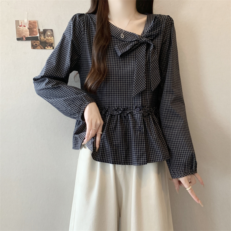 复古设计感格子木耳边娃娃领衬衫女春秋新款别致系带拼接长袖上衣