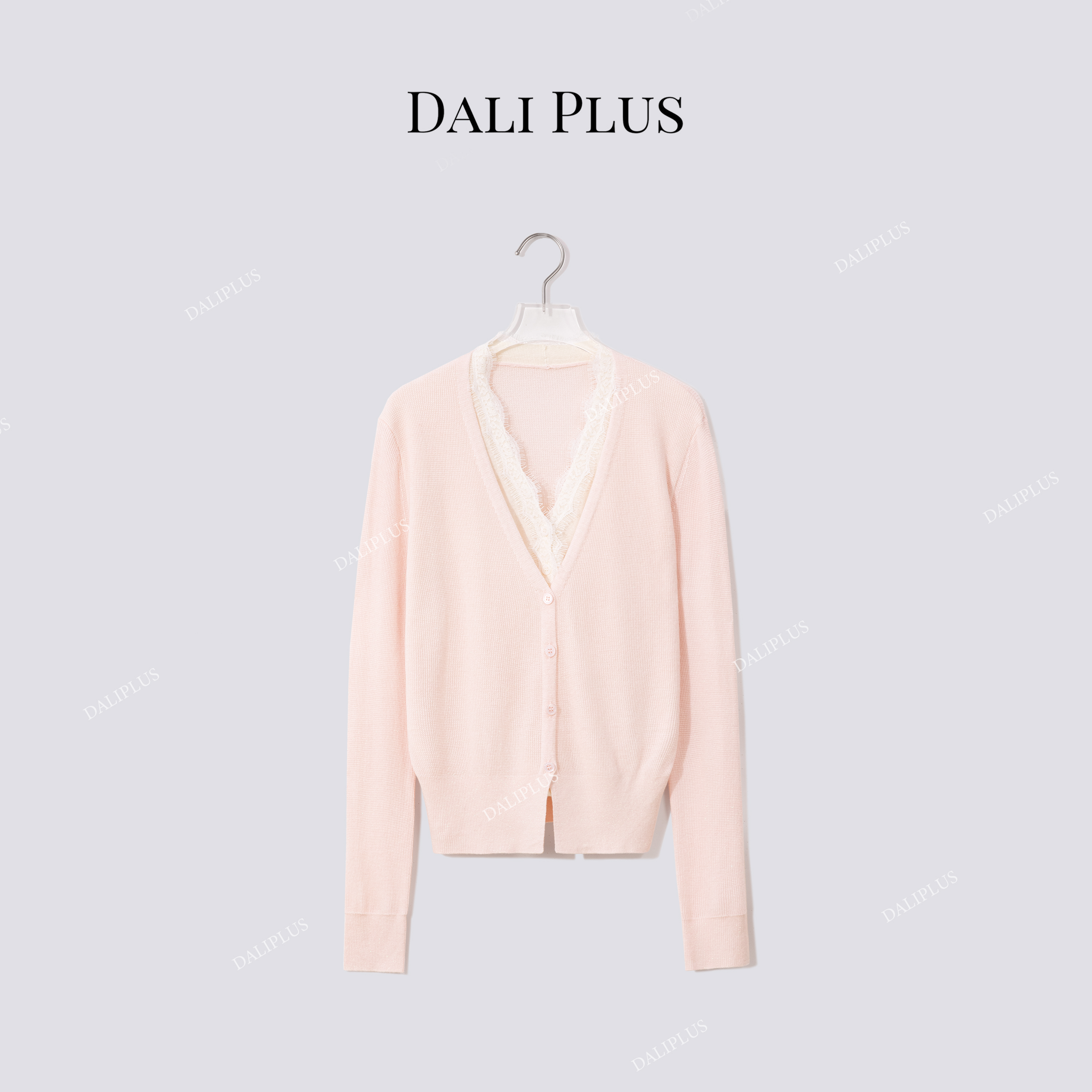 DALI PLUS桑蚕丝绵羊毛假两件睫毛蕾丝开衫长袖针织-D5CK2064