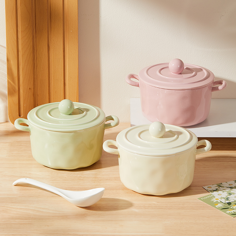 新款石纹带盖双耳大面碗大汤碗家用泡面碗陶瓷大号（不可明火）