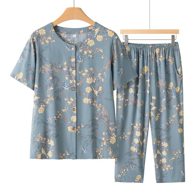 中老年人妈妈棉绸套装女夏季薄款奶奶短袖开衫上衣人造棉老太太