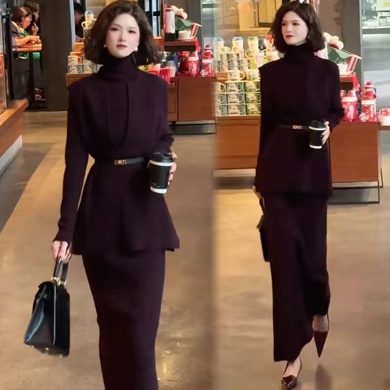 2025冬季韩版气质长袖洋气女神范显瘦收腰修身打底马甲半裙套装