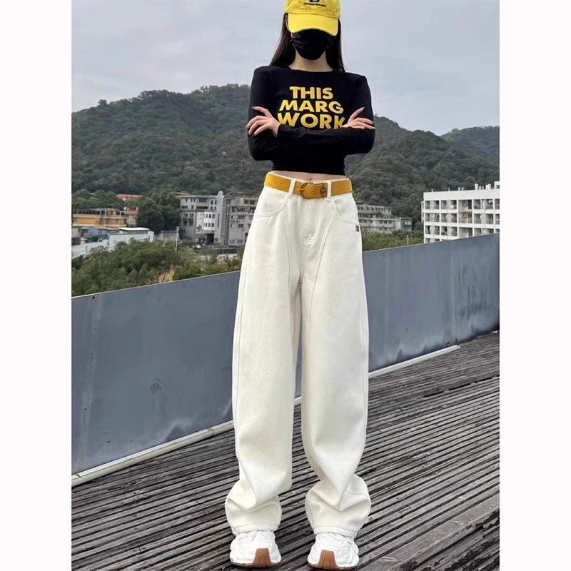 2025年秋冬加绒米白色美式弯刀牛仔裤女高腰宽松遮跨胖妹妹阔腿裤