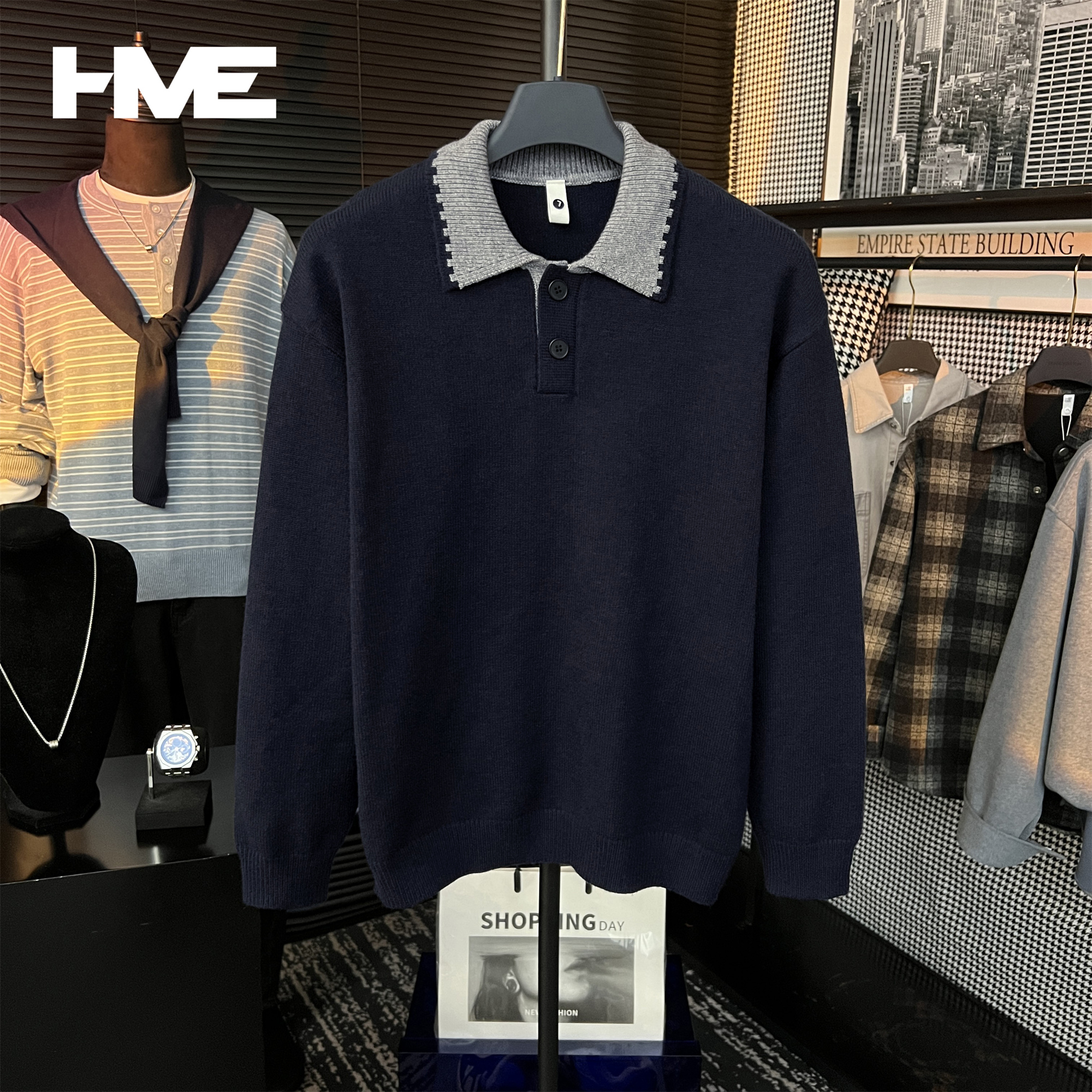 【HMEYAO】【巴恩风针织衫】原创秋冬复古老钱风撞色翻领长袖POLO衫